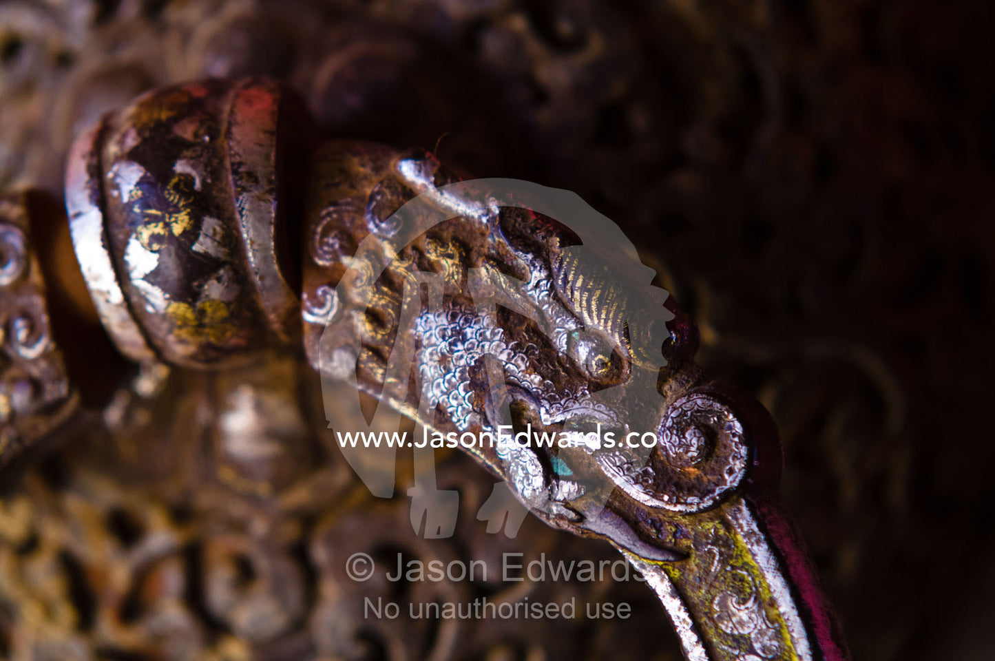 A Druk, Thunder Dragon on a large metal door knocker at the entrance to a Buddhist monastery. Gangteng Monastery, Ganteng, Wangdue Phodrang District, Phobjika Valley, Phobjikha Valley, Gangteng Valley, Black Mountains, Bhutan.