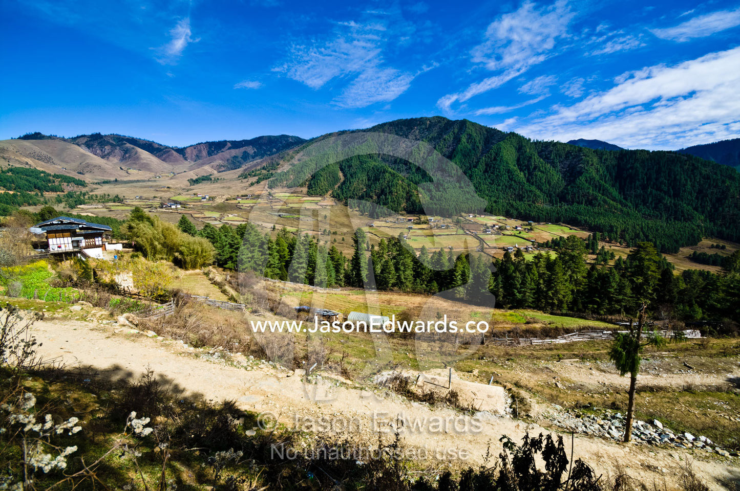 A dirt road passes a valley with Bhutanese farmhouses and agricultural fields. Phobjikha Conservation Area, Phobjika Valley, Phobjikha Valley, Gangteng Valley, Black Mountains, Bhutan.