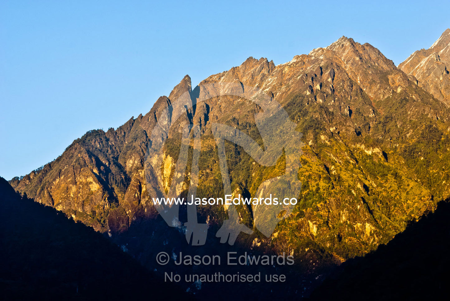 Sheer jagged Himalayan mountain peaks cut into a clear blue sky along the horizon. Jigme Dorji National Park, Gasa District, Bhutan.