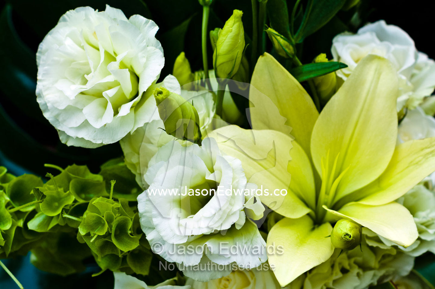 A brides bouquet of white roses and lilies on her wedding day. Melbourne, Victoria, Australia.
