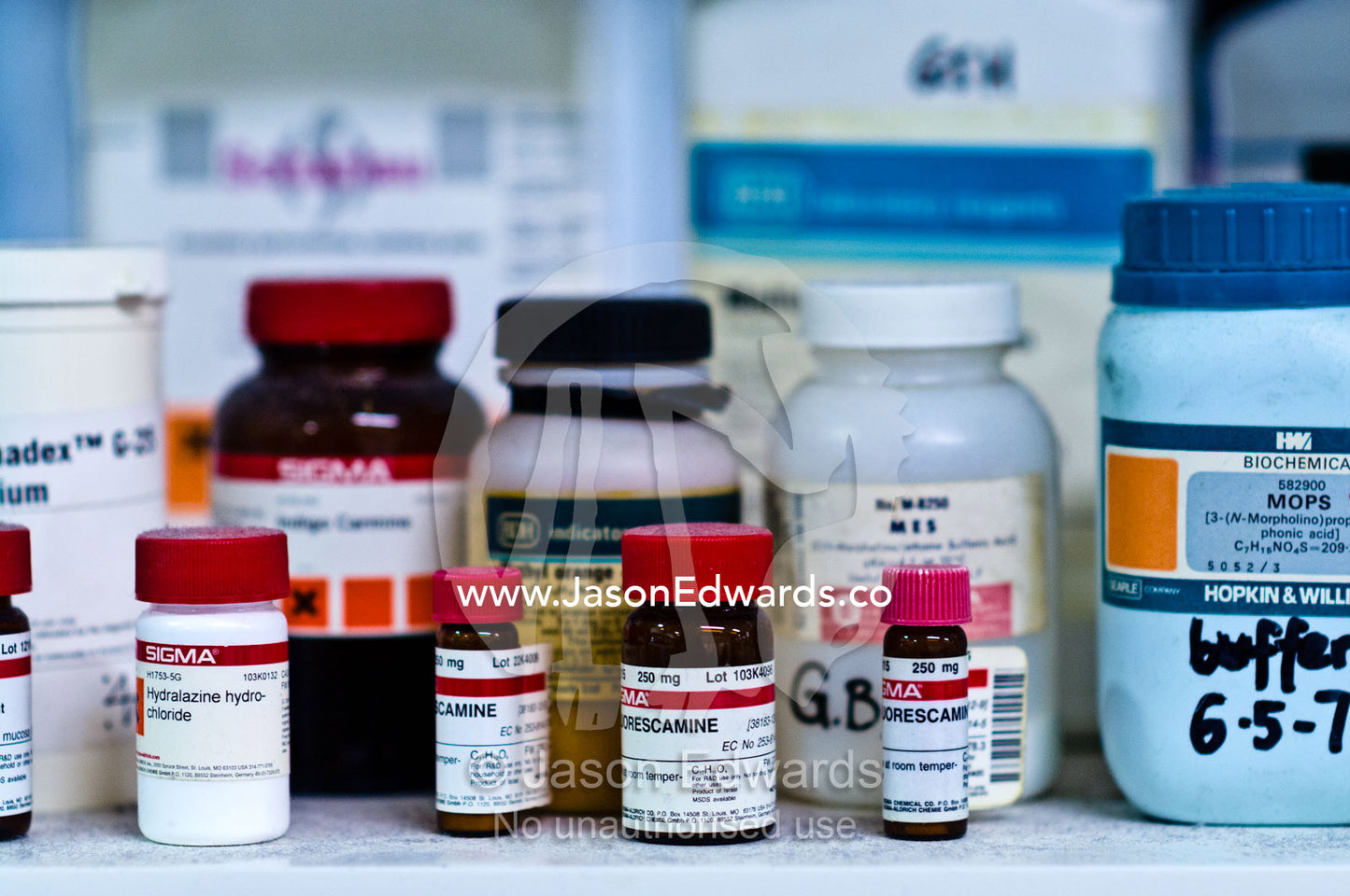 Solid chemicals that are added to water make buffer and reagent solutions. Bio21 Molecular Science and Biotechnology Institute, University of Melbourne, Parkville, Melbourne, Victoria, Australia.
