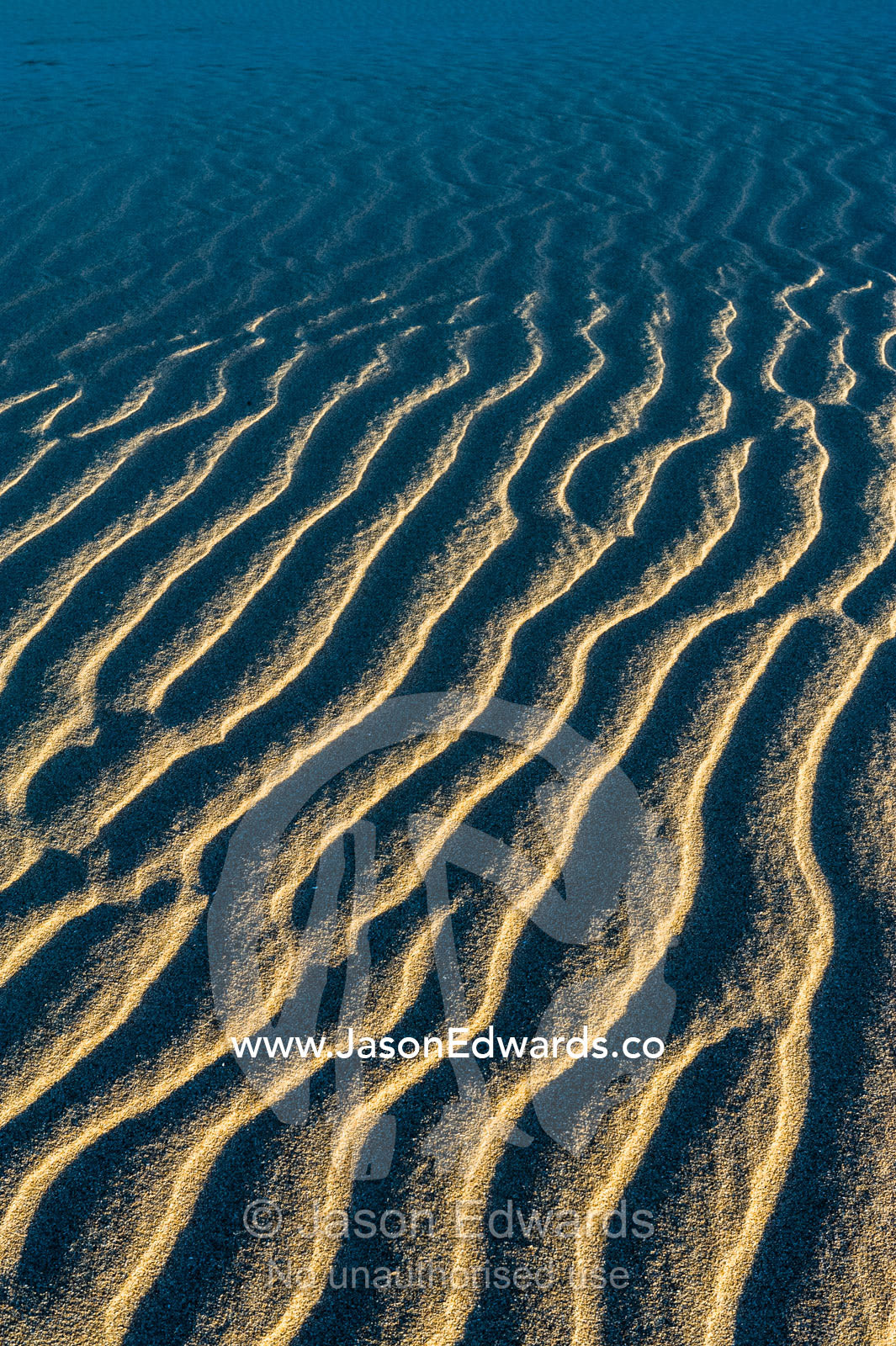 Shadows fall over ripples on a coastal desert sand dune at sunset. Cape Range National Park, Exmouth, Ningaloo Reef, Western Australia, Australia.