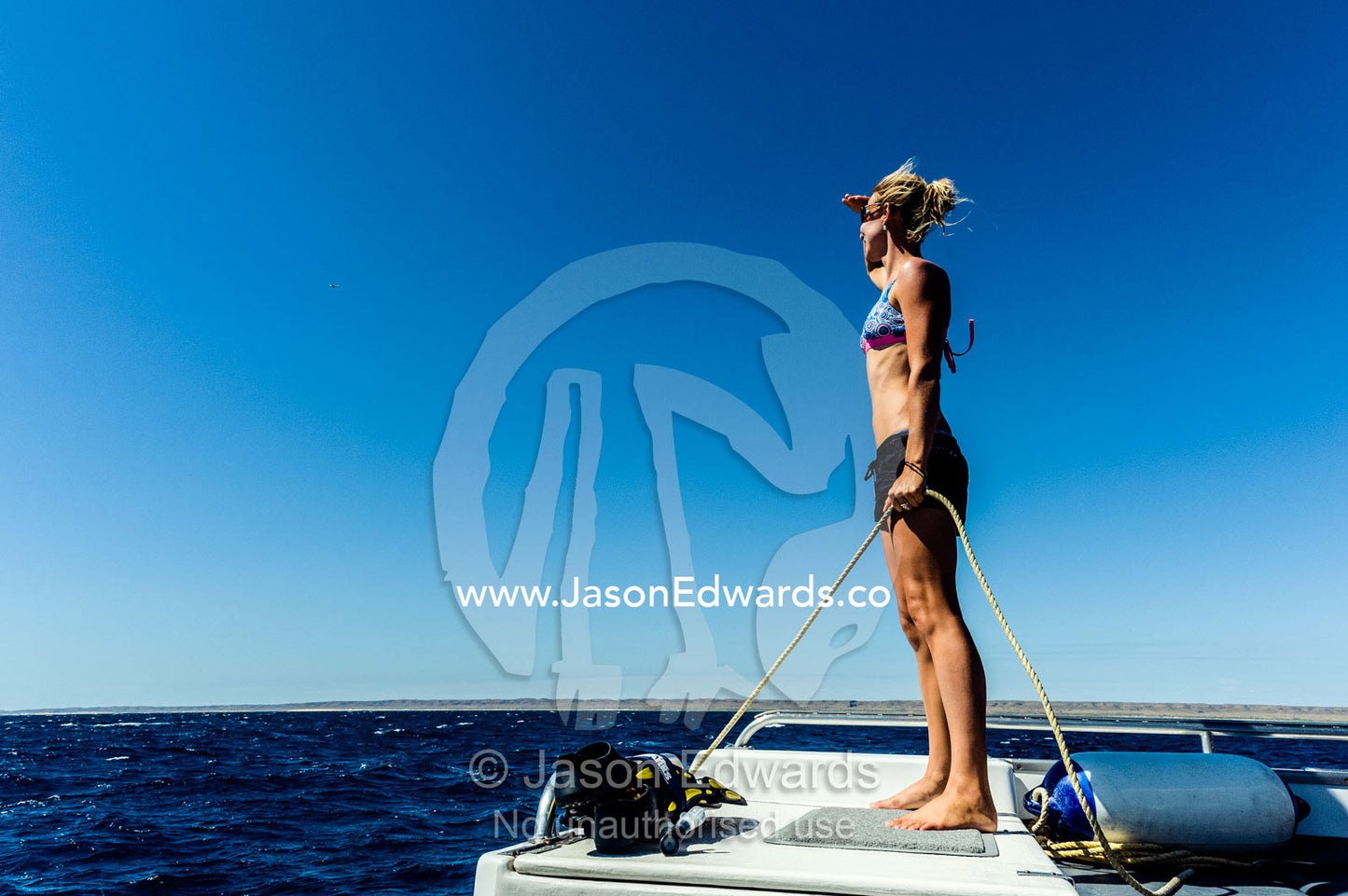 A fit and muscular young woman looks to the horizon from a boat. Exmouth, Ningaloo Reef, Ningaloo Marine Park, World Heritage Site, Western Australia, Australia.