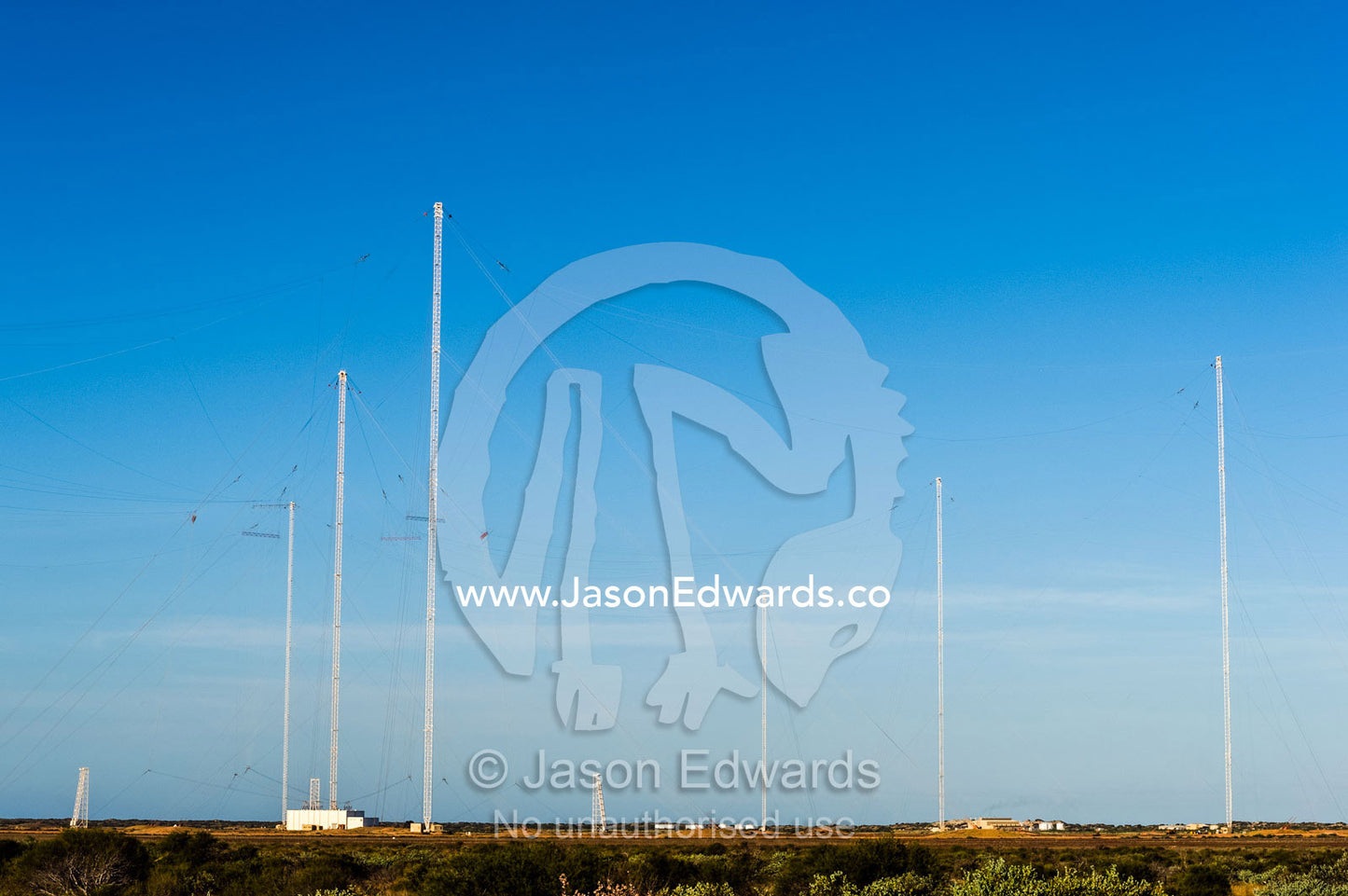 Radio relay station antennas communicate between ships and submarines. Naval Communication Station Harold E. Holt, Exmouth, Ningaloo Reef, Western Australia, Australia.