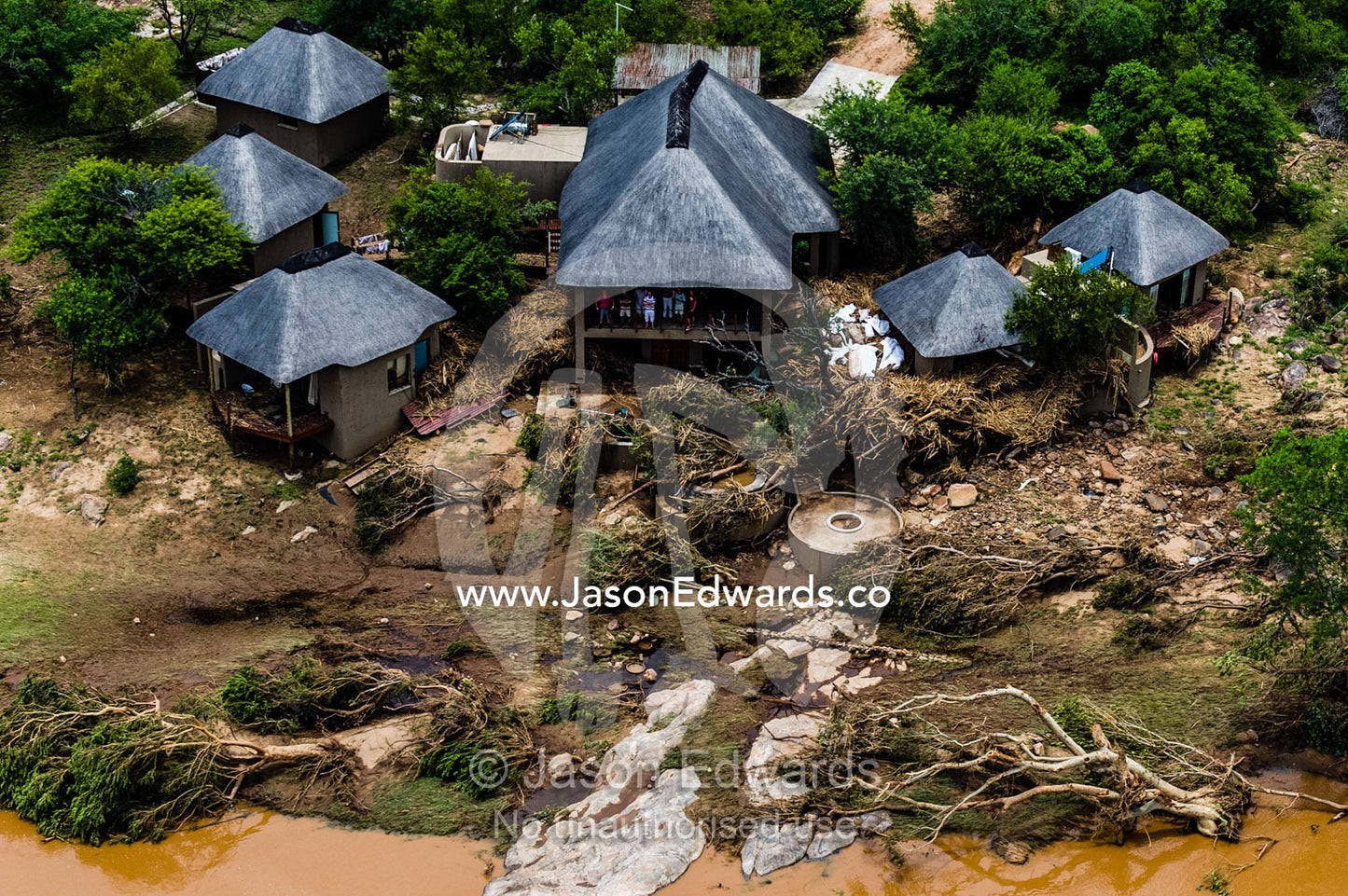A safari resort devastated by flood waters trapping guests and staff. Kruger National Park, South Africa.