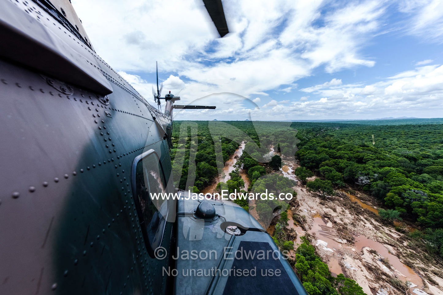 The fuselage of an airforce Atlas Oryx helicopter on flood patrol. Kruger National Park, South Africa.