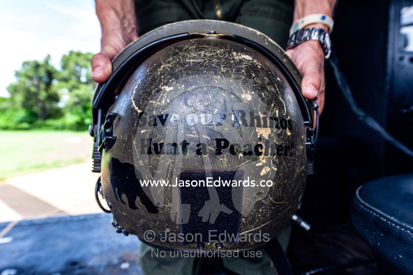 Airforce helmet with Rhinoceros anti-poaching slogan on the back. Kruger National Park, South Africa.