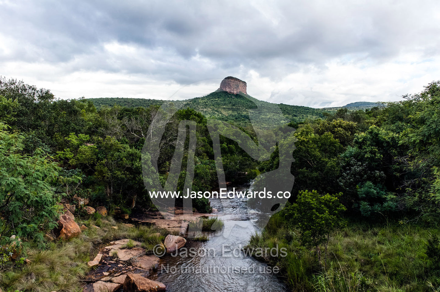A river cuts through thick scrub and forest beneath a mountain peak. Entabeni Mountain, Waterberg Mountains, Entabeni Game Reserve, Limpopo Province, South Africa.