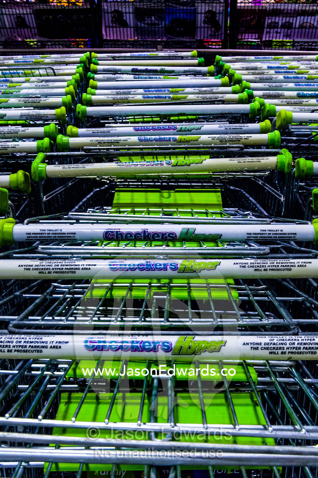 Empty supermarket trolleys jammed together in a shopping mall. Menlyn Park, Pretoria, Menlyn Mall, Pretoria, Gauteng Province, South Africa.