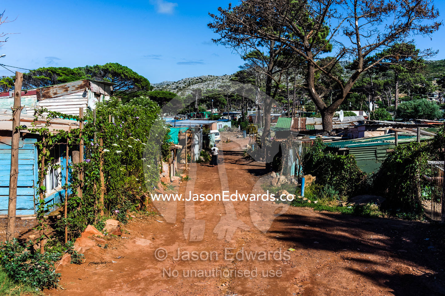 Township homes made of scrap metal for displaced refugee Africans. Red Hill Township and Pre-School, Cape Town, Western Cape, South Africa.