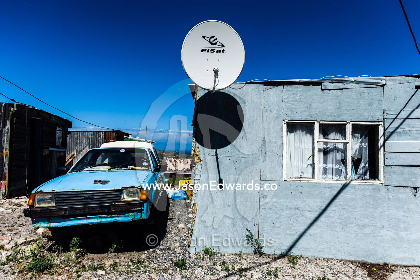 Township homes made of scrap metal for displaced African refugees. Red Hill Township and Pre-School, Cape Town, Western Cape, South Africa.