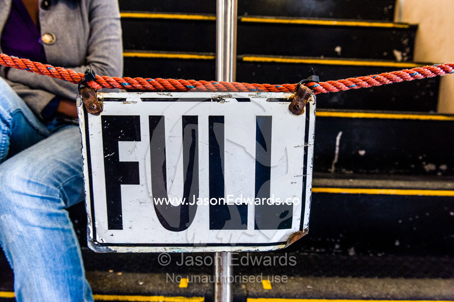 A sign indicates the upper deck chairs of a passenger ferry are full. Robben Island, Cape Town, Bloubergstrand, Table Bay, Western Cape, South Africa.