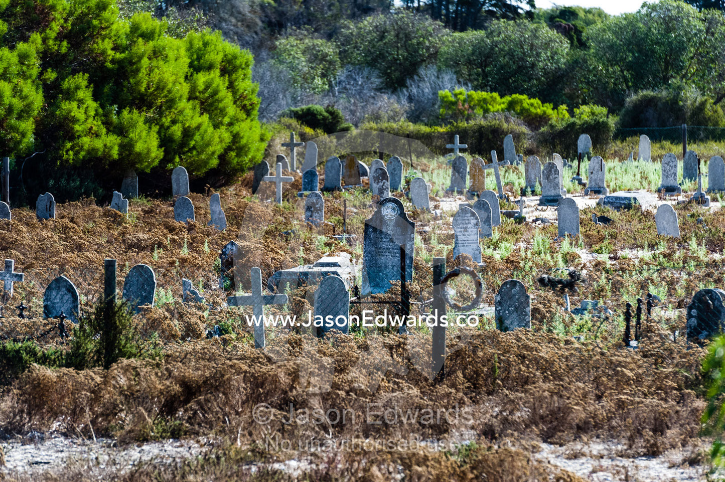 Tombstones and graves of prisoners in a cemetery on Robben Island. Robben Island, Cape Town, Bloubergstrand, Table Bay, Western Cape, South Africa.