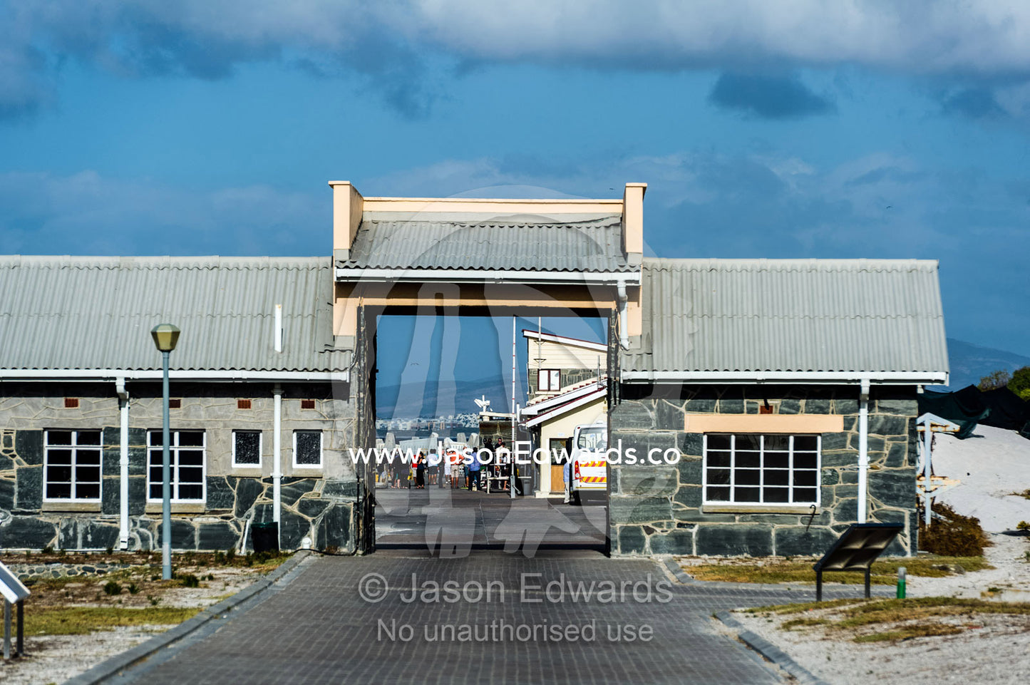 The entry gate and ferry port at Robben Island prison. Robben Island, Cape Town, Bloubergstrand, Table Bay, Western Cape, South Africa.
