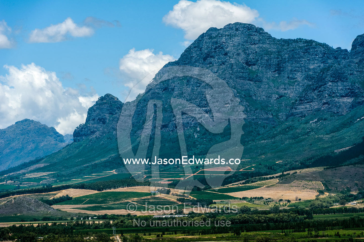 Rugged mountain peaks look down on rich farmland and vineyards. Spice Route Winery, Stellenbosch, Western Cape, South Africa.