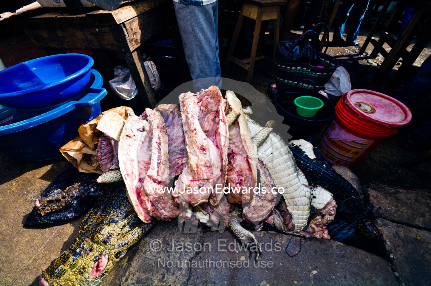 A pile of meat from dead Black Caimans for sale in an Amazon River town black market. Belen Market, Iquitos, Amazon Basin, Loreto Region, Maynas Province, Peru.