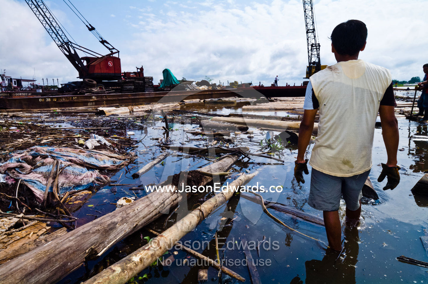 A logging mill laborer stands in the polluted Amazon River constructing a makeshift ramp. Puerto Masusa, Iquitos, Amazon River, Rio Amazonas, Amazon Basin, Loreto Region, Maynas Province, Peru.
