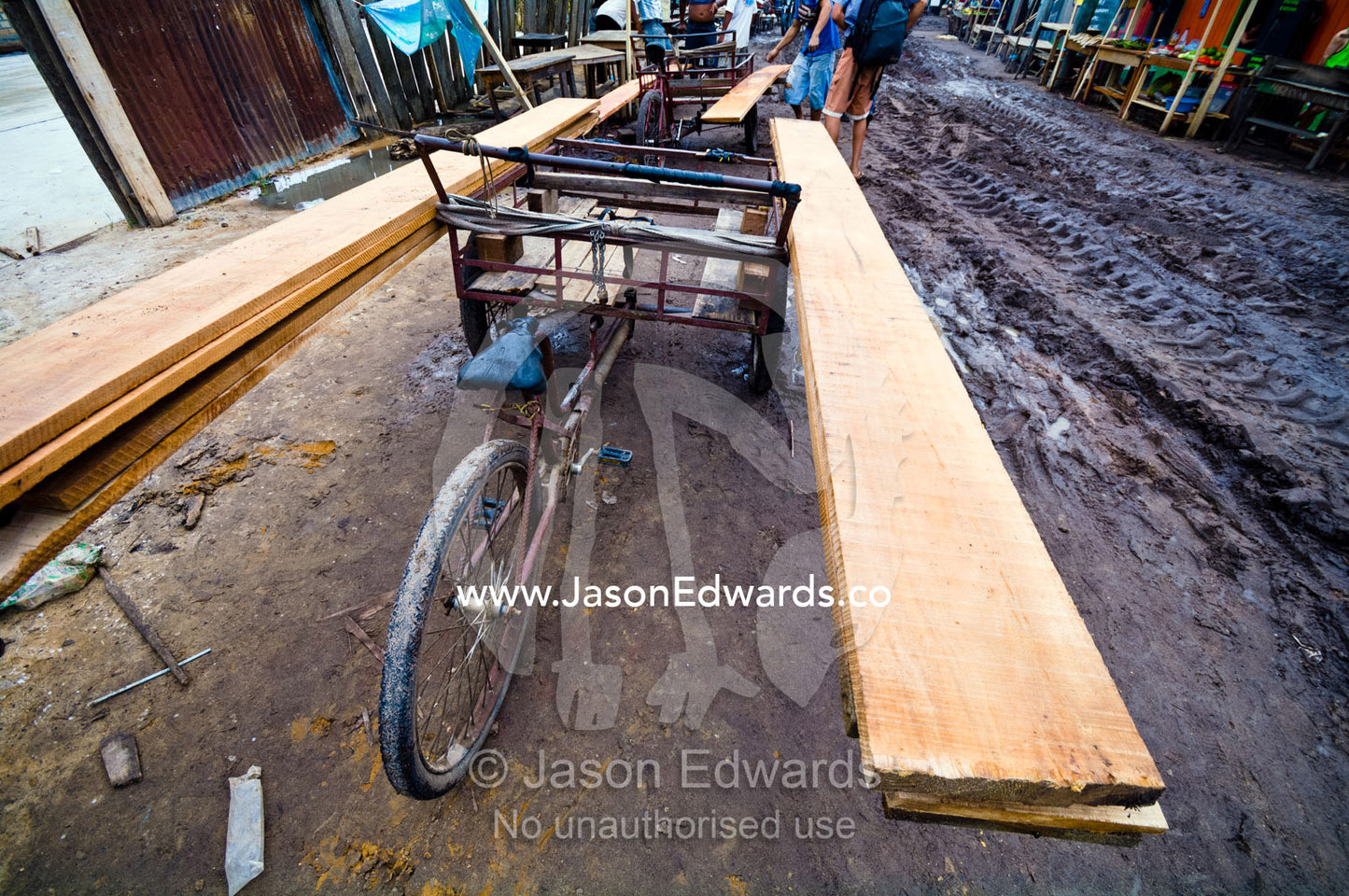 A village bike used to transport timber slats cut from rainforest trees to construction sites. Puerto Masusa, Iquitos, Amazon Basin, Loreto Region, Maynas Province, Peru.