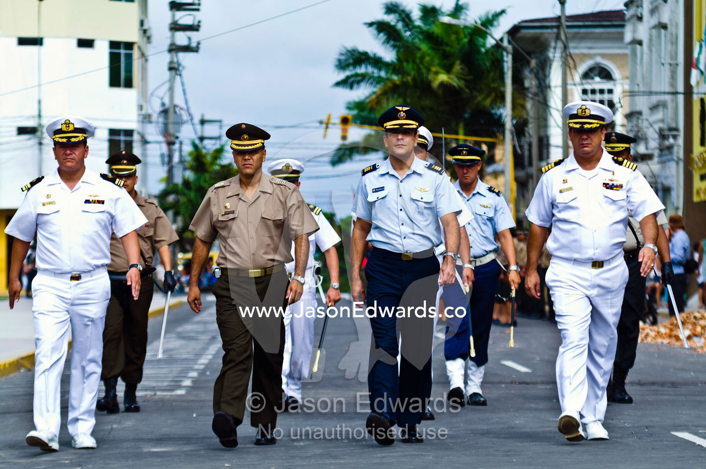 Peruvian military officers from the Army, Airforce and Navy parade around the Plaza de Armas. Plaza de Armas, Iquitos, Amazon Basin, Loreto Region, Maynas Province, Peru.