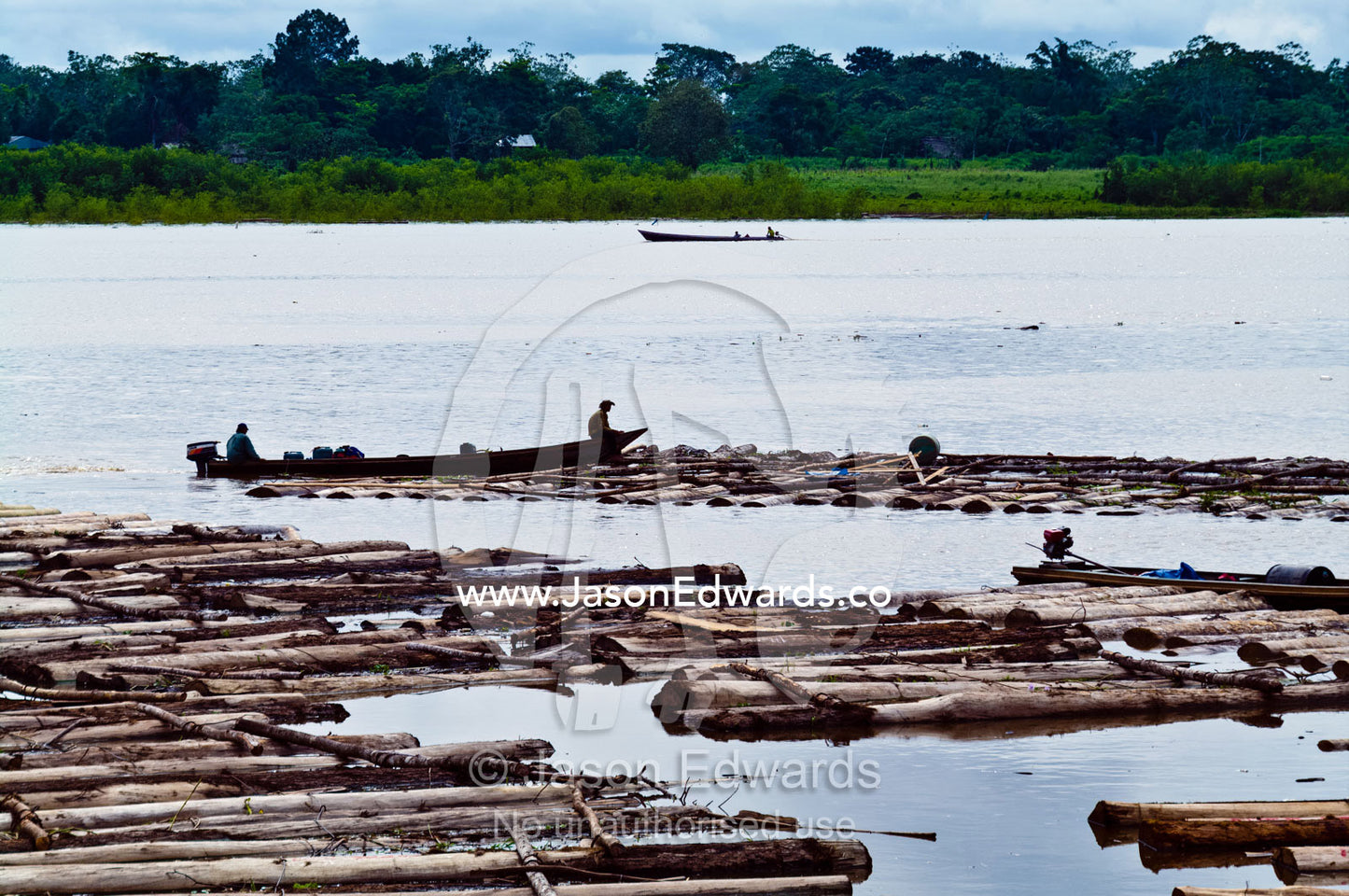 A small boat pushes a raft of logs cut from rainforest trees along the choked Amazon River. Puerto Masusa, Iquitos, Amazon River, Rio Amazonas, Amazon Basin, Loreto Region, Maynas Province, Peru.