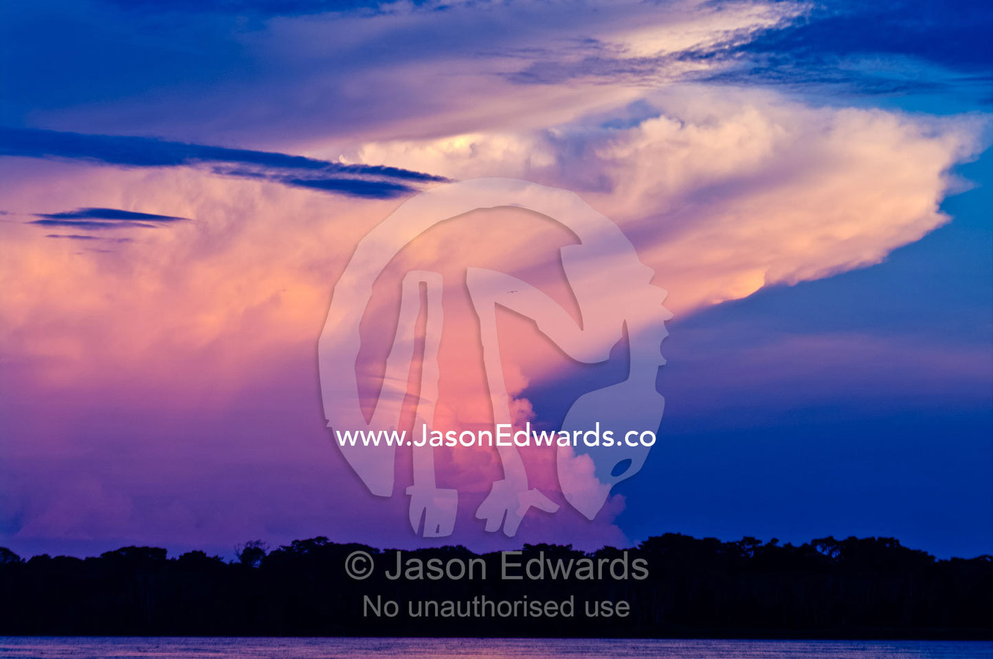 A flaming pink thunderhead storm forms over a tropical rainforest canopy after sunset. Pacaya Samiria Reserve, Reserva Nacional Pacaya Samiria, Maranon River, Rio Maranon, Loreto Region, Maynas Province, Amazon Basin, Peru.