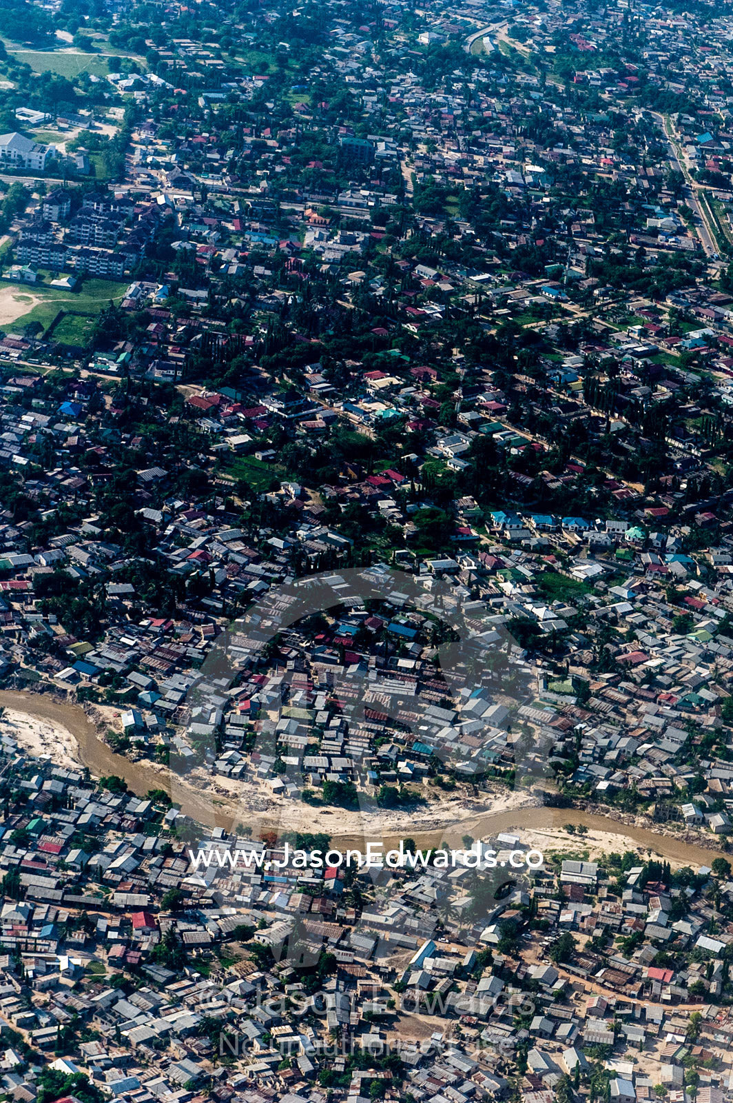 A densely populated suburban community crowded around Dar es Salaam's urban sprawl. Dar es Salaam, Tanzania.