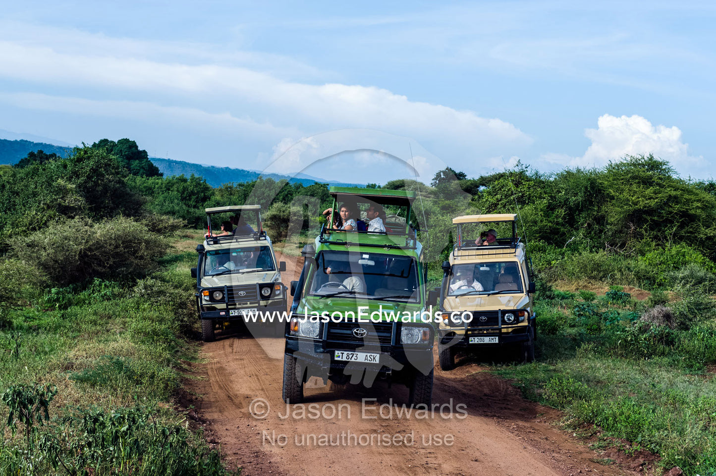 Tourists watching wildlife from safari vehicles on a dirt track. Lake Manyara National Park, Arusha Region, Tanzania.