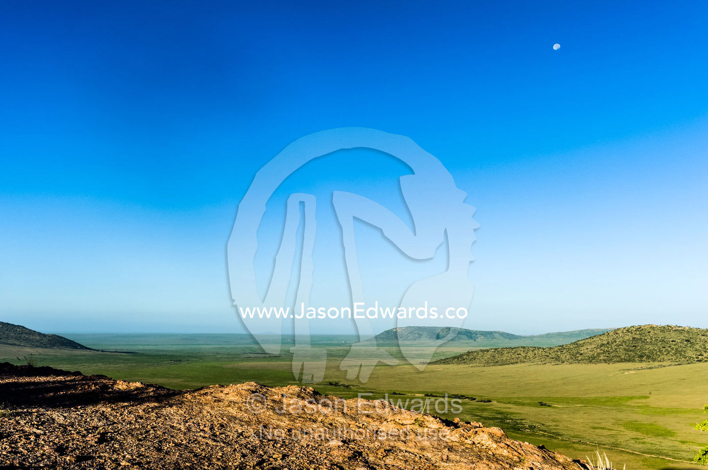 The stoney summit of a rocky outcrop overlooking the savannah plain at dawn. Arusha, Nasera Rock, Angata Kiti Valley, Ngorongoro Conservation Area, Crater Highlands, Tanzania.