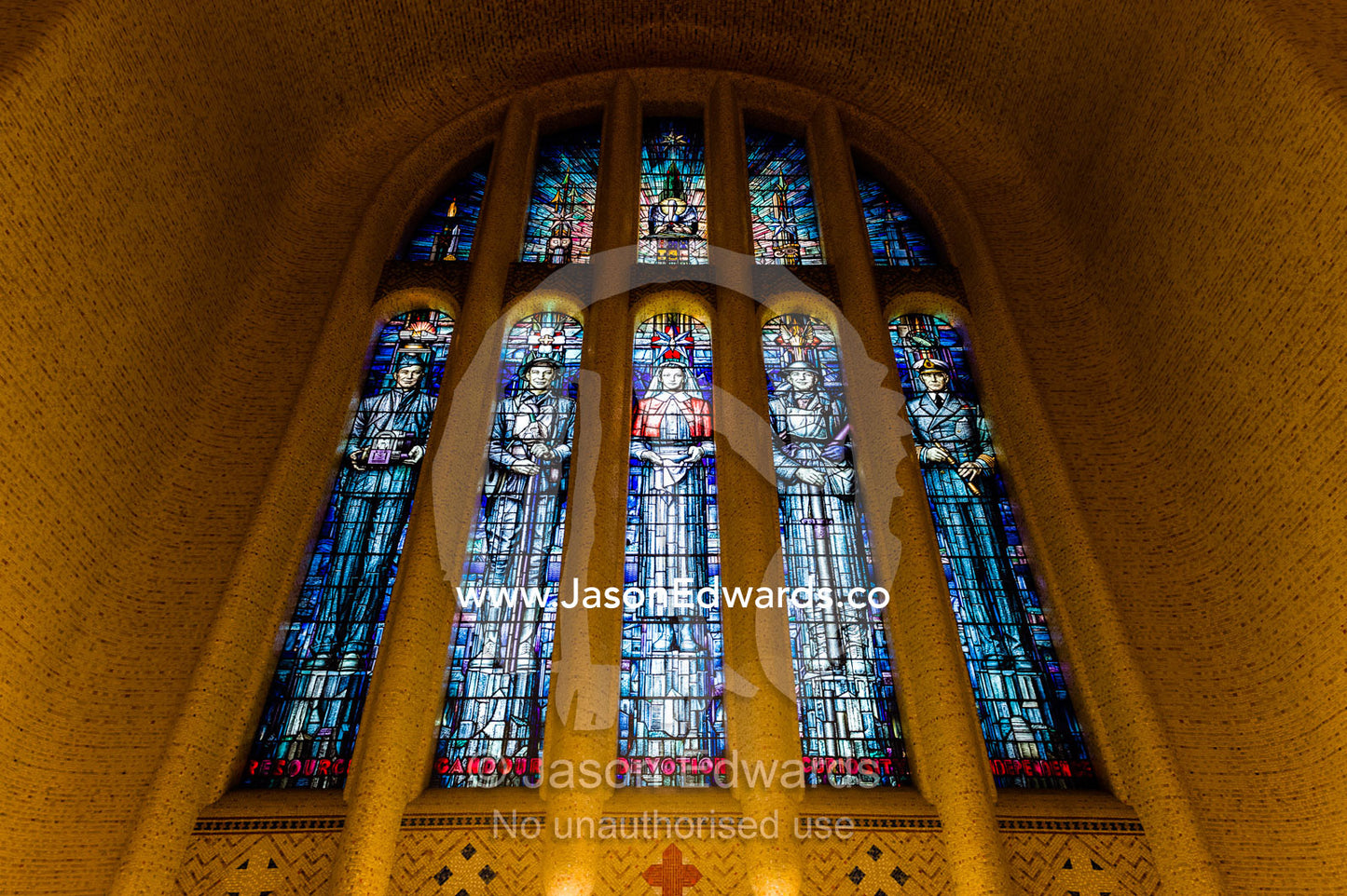Stained glass windows in the Hall of Memory of the Australian War Memorial. Australian War Memorial, Canberra, Australian Capital Territory, Australia.