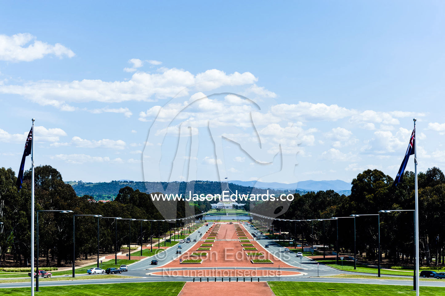 Looking down ANZAC Parade to Capital Hill and Parliament House from the entrance of the Australian War Memorial. Australian War Memorial, Canberra, Australian Capital Territory, Australia.