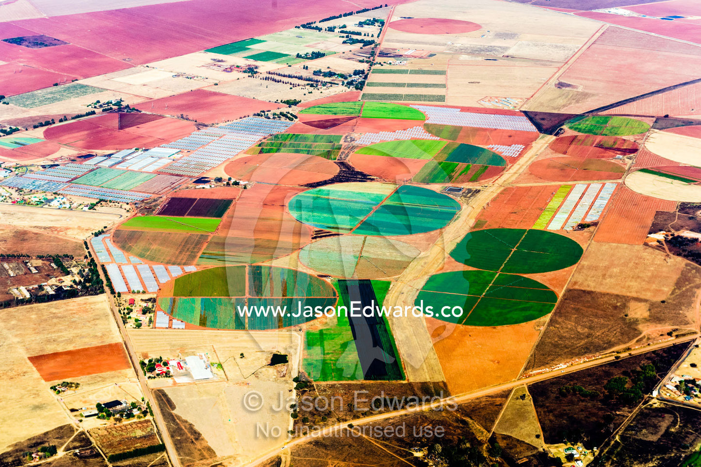 Irrigated agricultural crop circles surrounded by dry farmland and pasture. Johannesburg, Gauteng Province, South Africa, Africa.