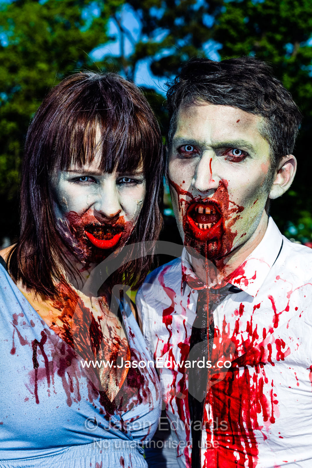 A snarling modern business couple dripping blood dressed as zombies. Queen Victoria Gardens, Royal Botanic Gardens, South Yarra, Melbourne, Victoria, Australia.