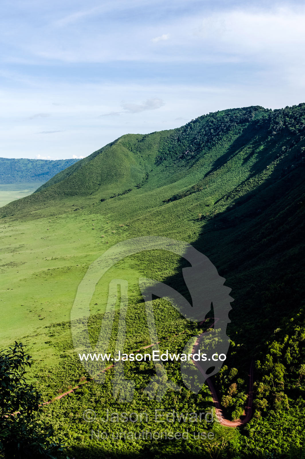 A dirt road winds it's way up the steep slope of a volcano caldera through tropical evergreen forest. Ngorongoro Crater, Ngorongoro Conservation Area, Ngorongoro District, Tanzania.