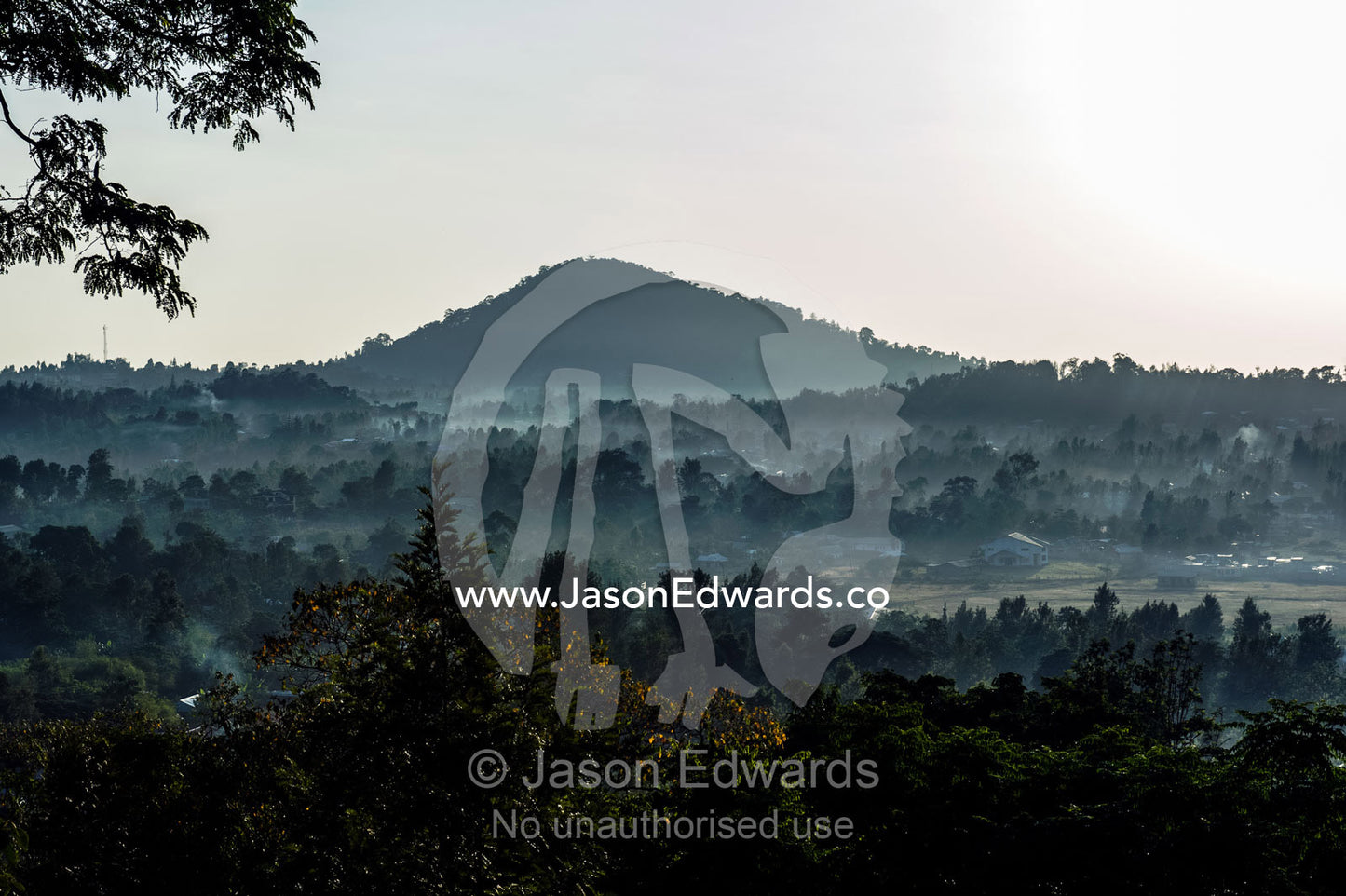 Morning mist fills a valley housing farms and a small village. Arusha, Karama Lodge, Suye Hill, Arusha District, Tanzania.