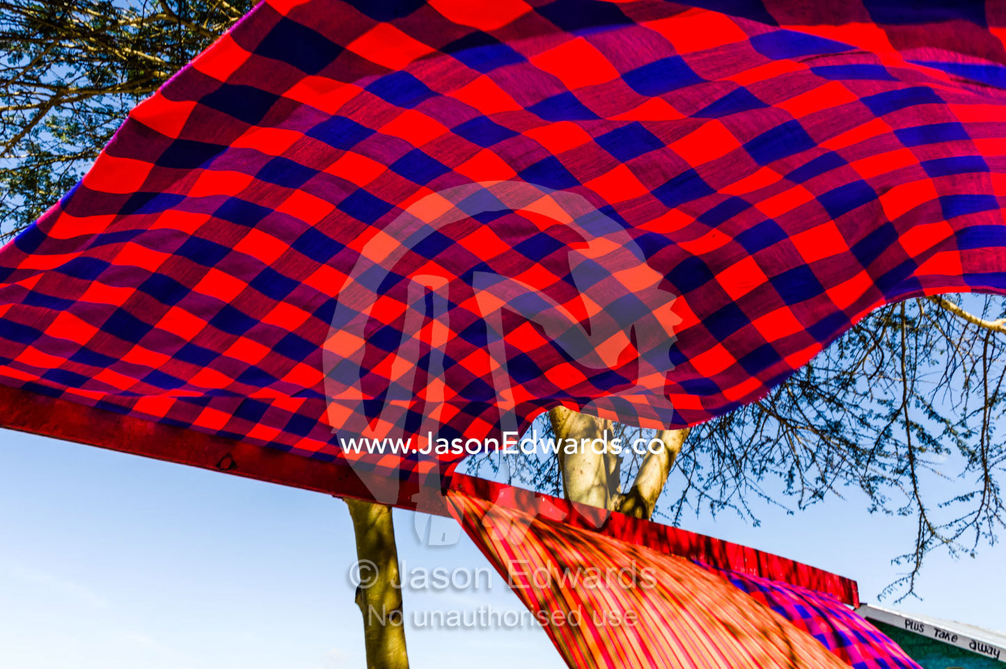 Blue and red checkered cloth known as Matavuvale are worn by the Maasai and sold to tourists as souvenirs. Nakuru County, Great Rift Valley, Kenya.