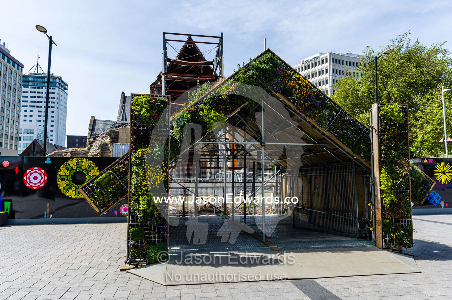 Vertical gardens encase a public viewing area for a Anglican church after it was damaged in an earthquake. Christchurch, South Island, New Zealand.