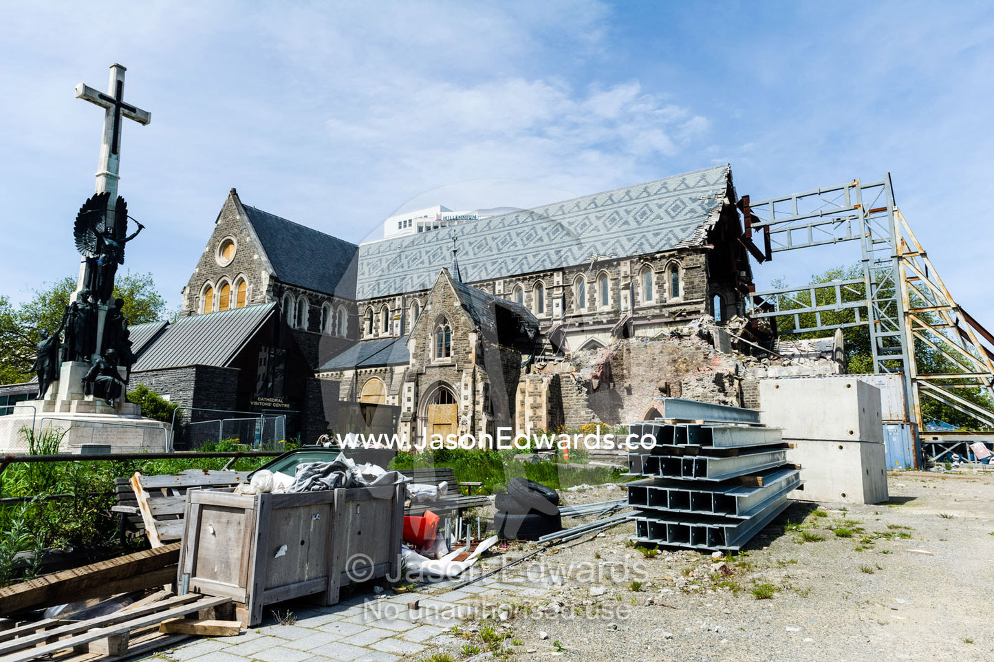 Structural steel girders support the fa ade of a Anglican church after it was damaged in an earthquake. Christchurch, South Island, New Zealand.