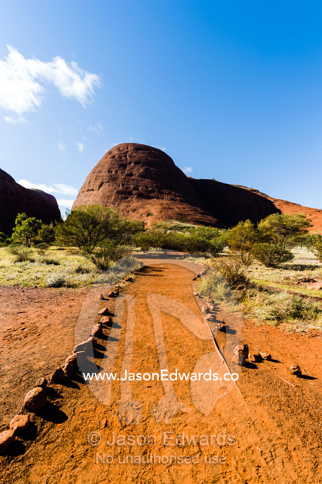 A hiking trail leads to the sandstone domes of Kata Tjuta in the Australian outback. Uluru Kata Tjuta National Park, Northern Territory, Australia.