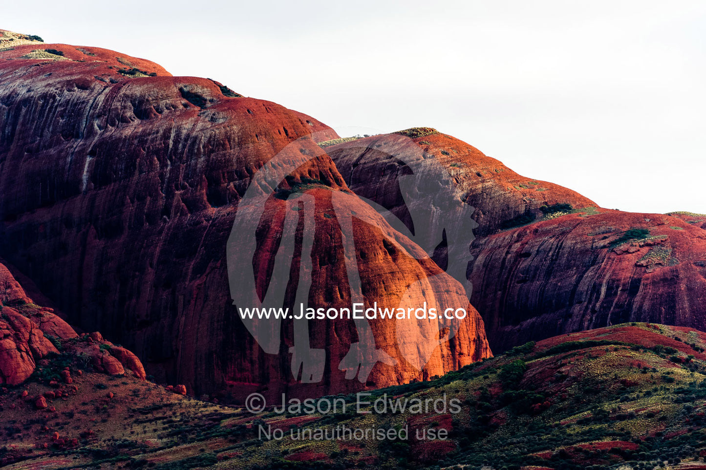 A row of ochre sandstone domes and gorges blaze red in the dawn sunlight. Uluru Kata Tjuta National Park, Northern Territory, Australia.