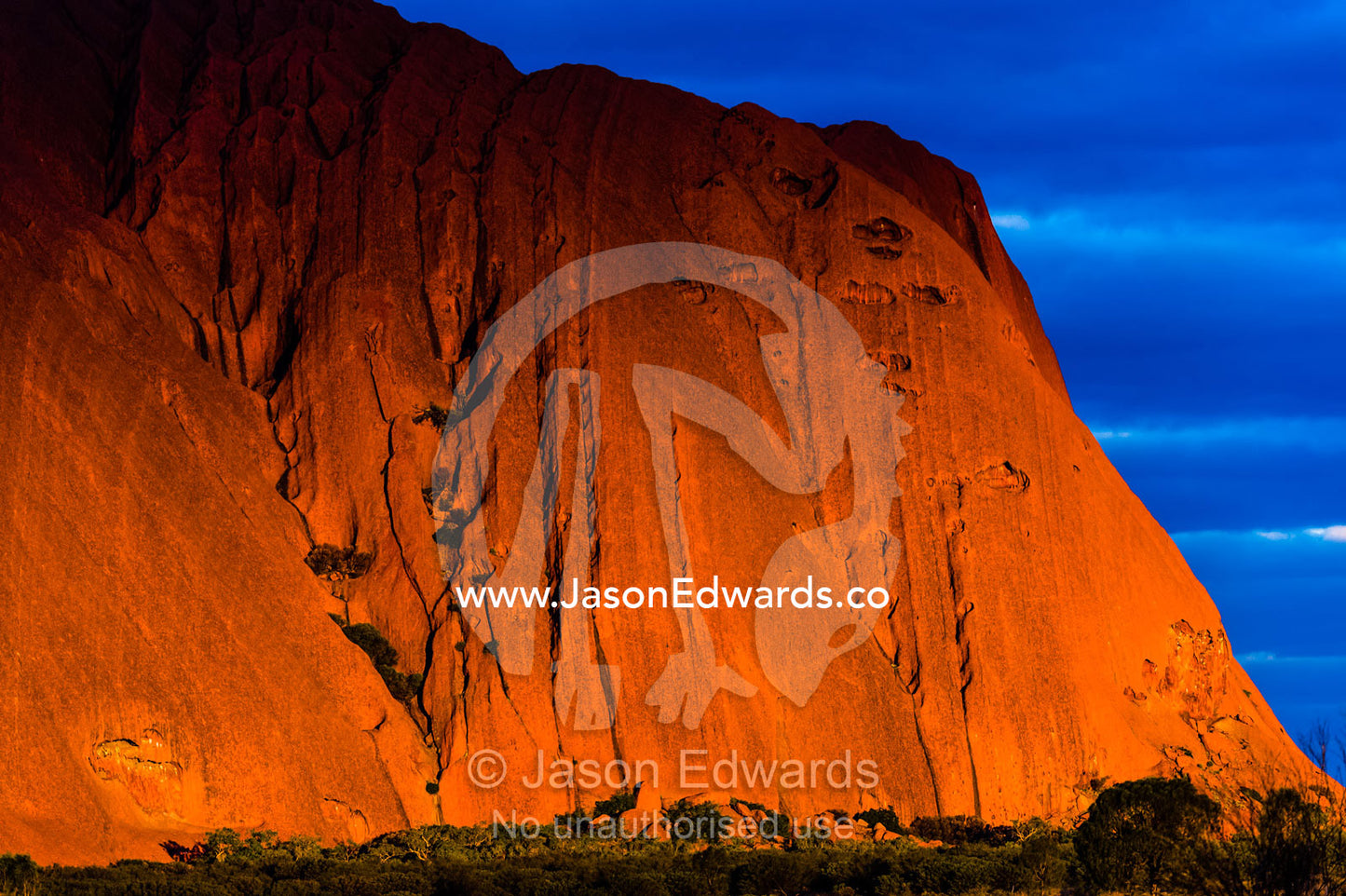 Sunset light in the folds and fissures of the blood red sandstone of Uluru on the desert plain. Uluru Kata Tjuta National Park, Northern Territory, Australia.