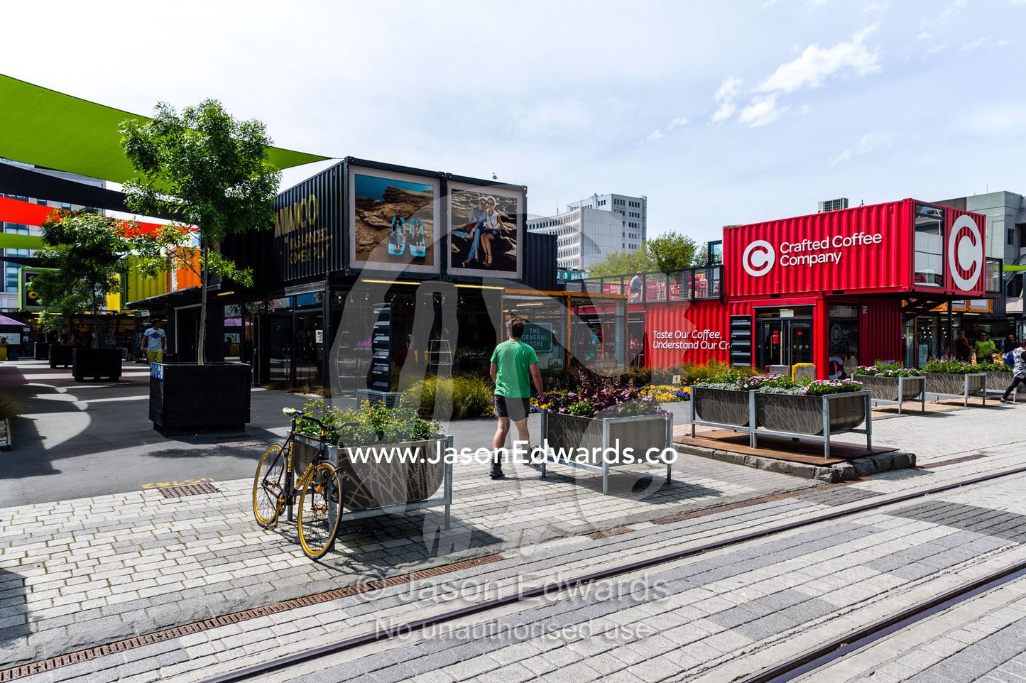 Shopping mall and cafes made from shipping containers after an earthquake destroyed buildings. Christchurch, South Island, New Zealand.