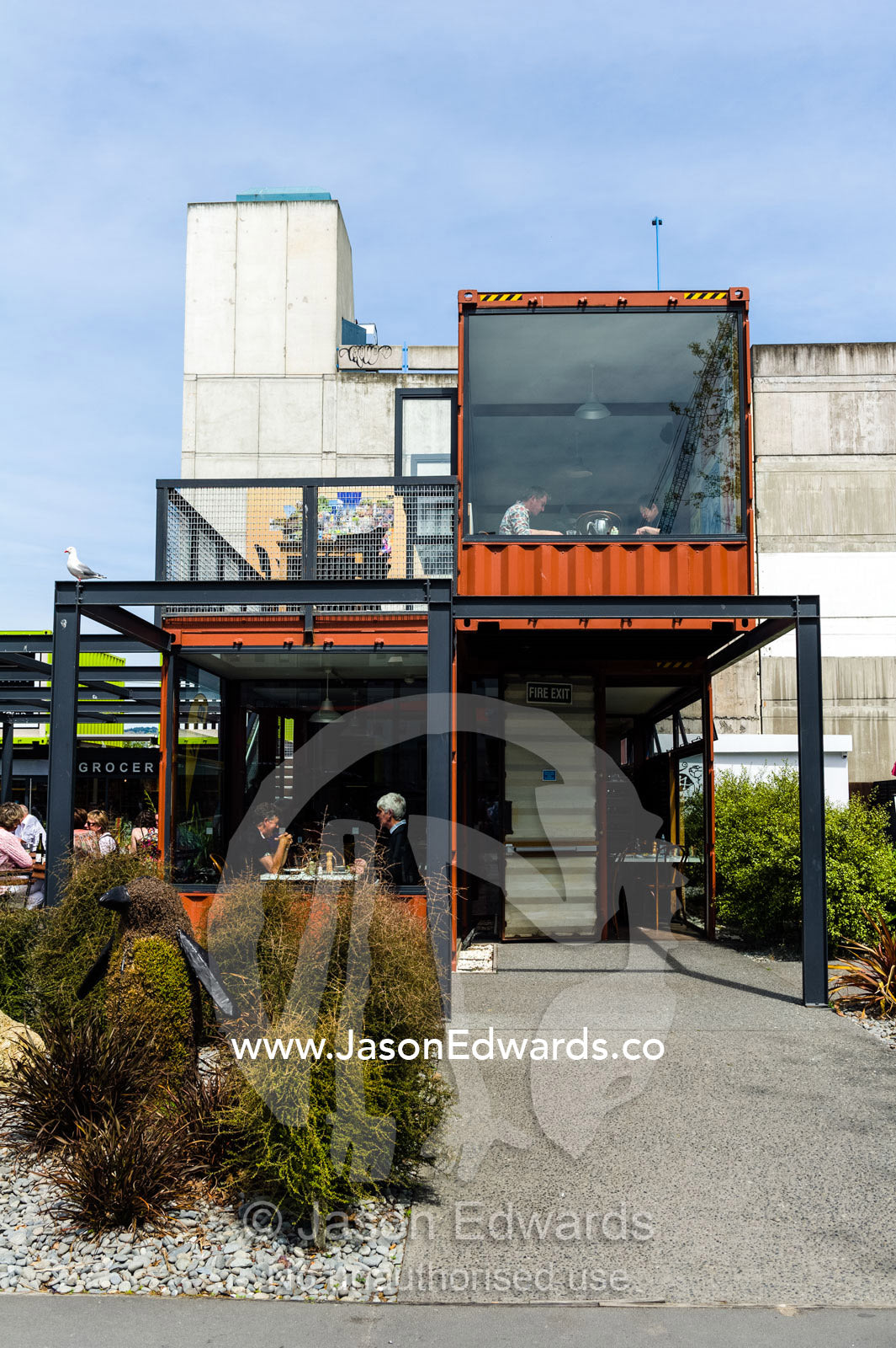 Shopping mall and cafes made from shipping containers after an earthquake destroyed buildings. Christchurch, South Island, New Zealand.