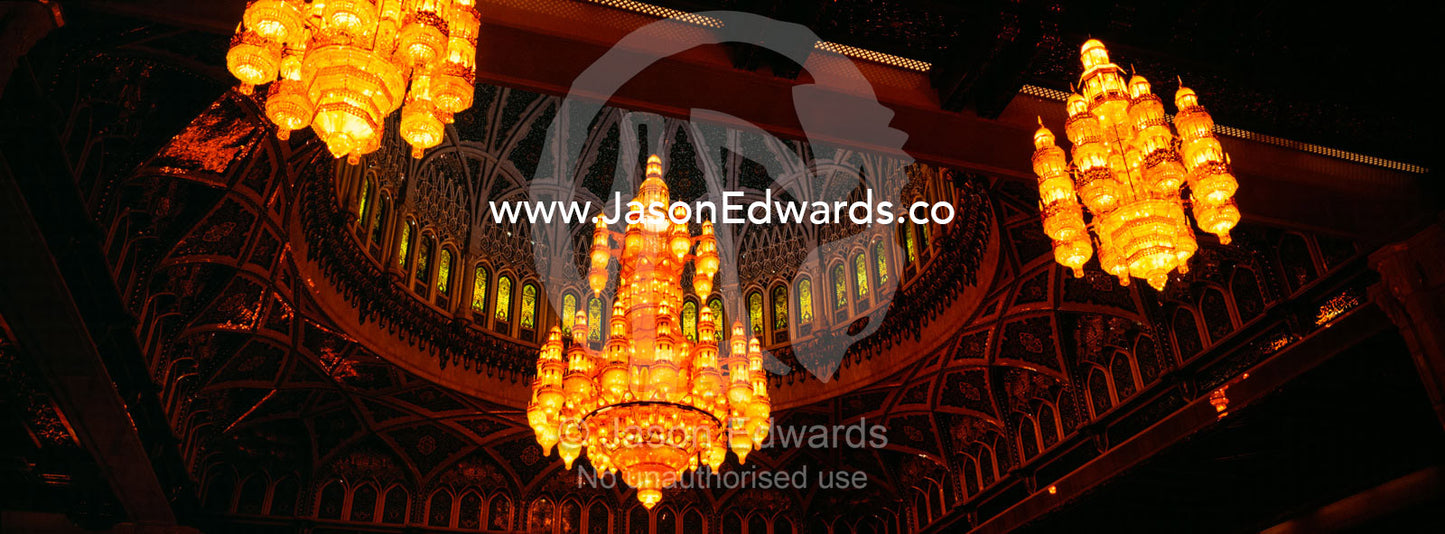 The Swarovski Crystal Chandelier in the dome of the Prayer Hall of The Grand Mosque. Sultan Qaboos Grand Mosque, Muscat, Sultanate of Oman.