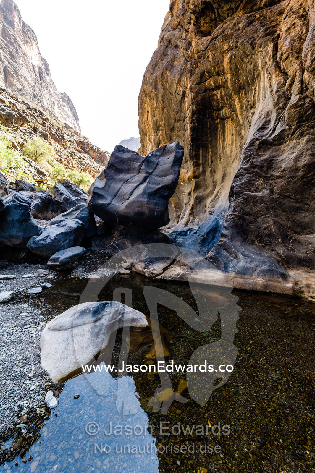Erosion has carved a deep gorge in a desert mountain pass that gathers water in shady pools. Wadi Bani Awf, Snake Gorge, Western Hajar Mountains, Ad Dakhiliyah Region, Sultanate of Oman.