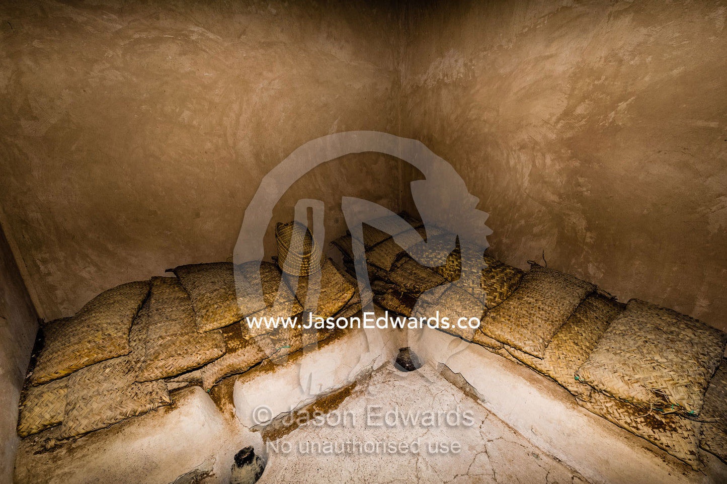 Date bags in a storage room in an ancient fort where the date juice is collected. Nakhal Fort, Wilayt Nakhal, Mount Nakhal, Al Batinah South Governorate, Sultanate of Oman.