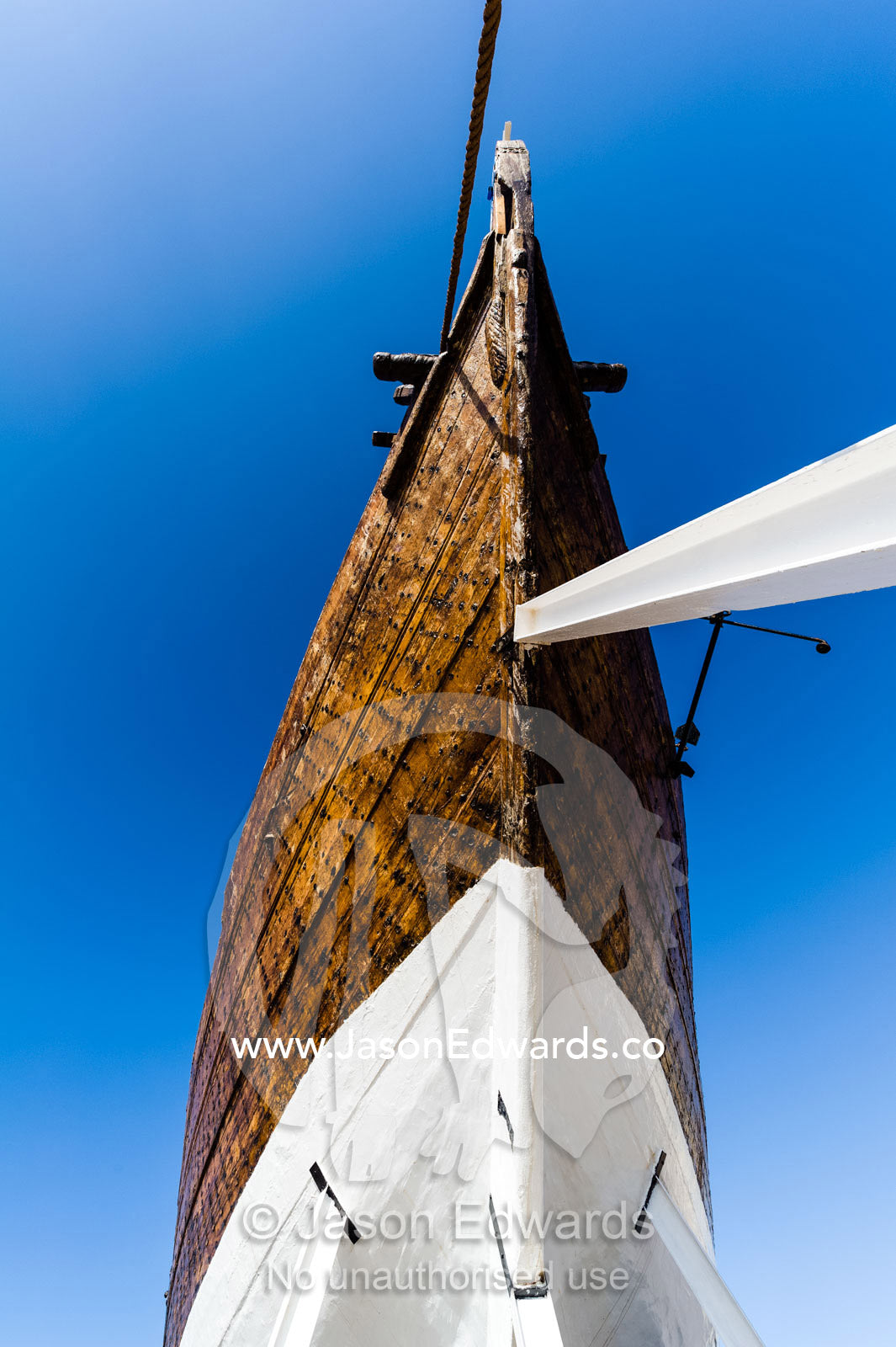The bow and hull of the Fateh al-Khair, the last surviving dhow of the pre-oil era. Sur, Ash Sharqiyah Region, Gulf of Oman, Sultanate of Oman.