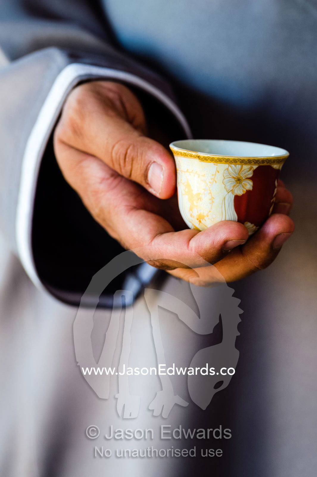 Traditional coffee, gahwa, is a hospitality ritual involving handleless cups. Misfat Al Abryeen, Al Hajar Mountains, Al Hamra, Ad Dakhiliyah Region, Sultanate of Oman.