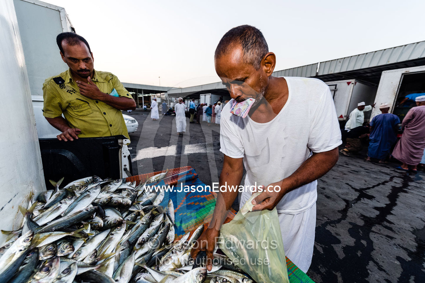 Two men haggle over a mound of sardine fish for sale in a fish market. Mutrah Fish Market, Muscat, Gulf of Oman, Sultanate of Oman.