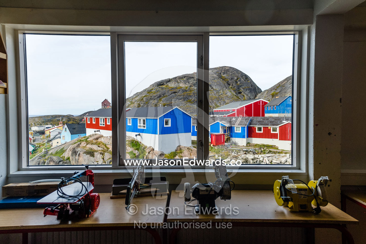 Power tools on a workbench in a high school workshop. Kangaamiut, Gammel Sukkertoppen, Qeqqata Municipality, Greenland.