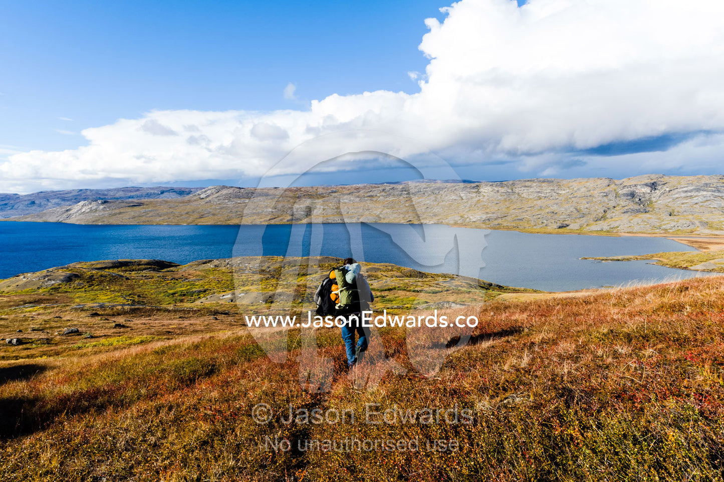 A solitary hiker crosses the tundra toward the shores of a vast alpine lake. Tasersuatsiaq Lake, Kangerlussuaq, Qeqqata Municipality, Greenland.